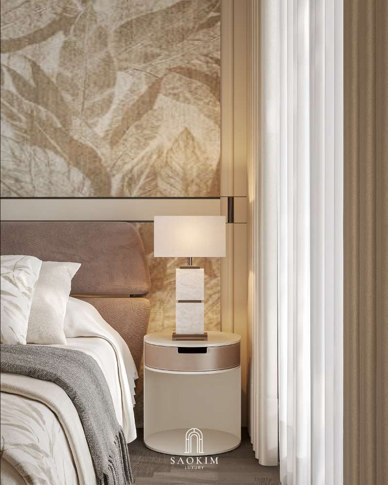 Không gian phòng ngủ tinh tế trong thiết kế nội thất chung cư cao cấp Lumière Evergreen phong cách Quiet Luxury

